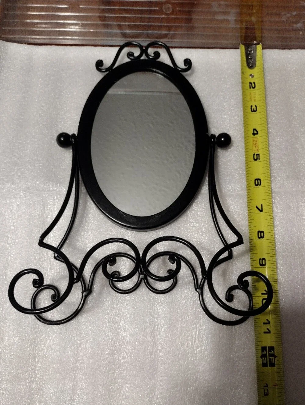 Small Mirror With Stand Tabletop Desk Hand Decorative Metal Scroll Black 11